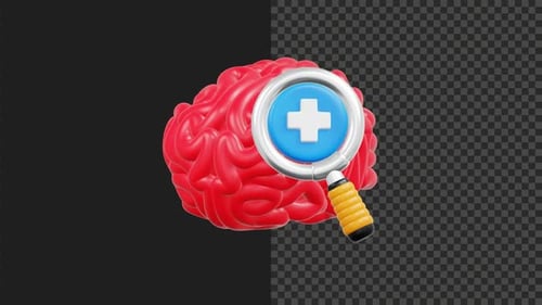 3D Brain with Magnifying Glass and Medical Cross Animation