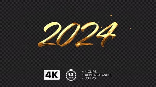 Fluid Golden 2024 Number Reveal with Sparkling Particles