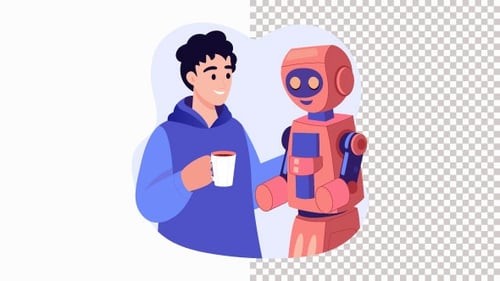 Robot Giving Coffee To Man Animation Alpha Channel