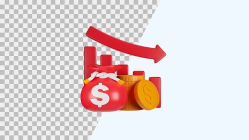 3D Money Bag and Coins with Decreasing Bar Graph Animation
