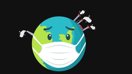 Cartoon Earth Wearing Face Mask with Industrial Pollution
