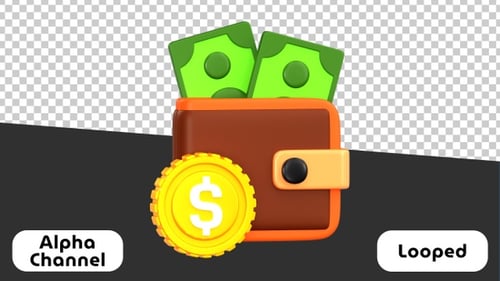 3D Wallet with Flying Money and Gold Coin Animation | Alpha Channel