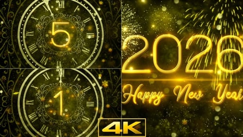 Elegant New Year Countdown with Gold Clock and Glowing Fireworks