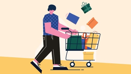 Flat Design Animation of Person Pushing Shopping Cart