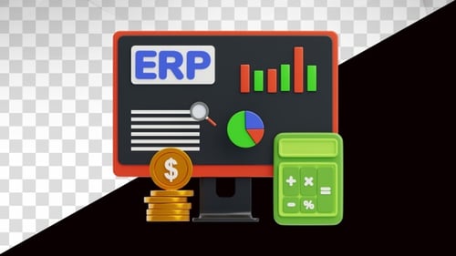 Modern 3D Business Analytics with ERP Monitor and Financial Icons