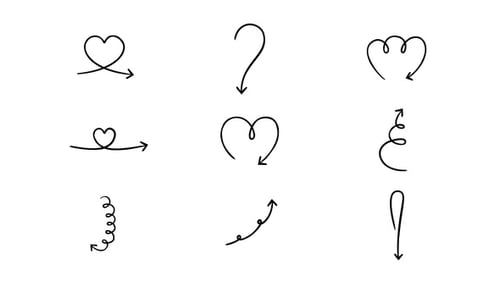 Animated hand drawn heart shaped and curved sketch arrows set