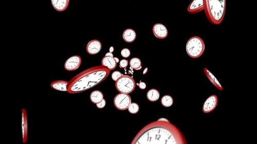 Falling 3D Red Clocks with Alpha Matte, Loop
