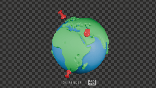 Cartoon earth with green continents and blue water with push pins