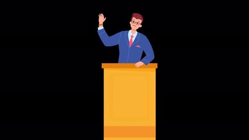 Animated Man Speaking at Podium in Flat Design Style