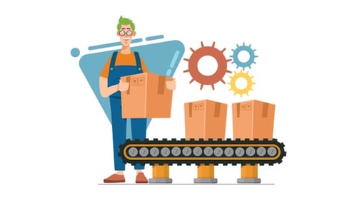 Flat Design Worker Moving Parcels on Industrial Conveyor Belt
