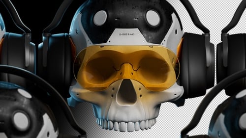 a group of futuristic human skulls in headphones with a powerful bass effect