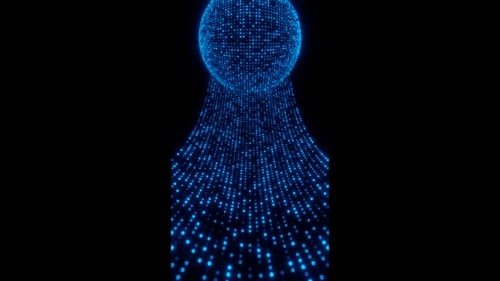 Vertical video digital blue neon ball rolling down loop animation