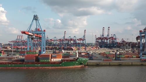 HAMBURG, GERMANY-JUNE, 2023: Gantry cranes in the seaport of Hamburg. Huge harbour cranes.