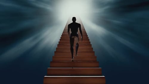 Abstract Silhouette Person Climbing Staircase to Bright Light