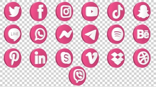 Rotating 3D Social Media Icons Pack Pink and White