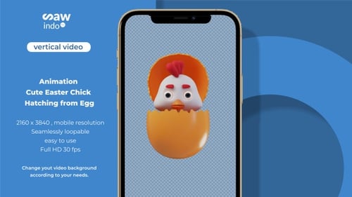 3D Animation Vertical Cute Easter Chick Hatching from Egg Loop 4K No Background