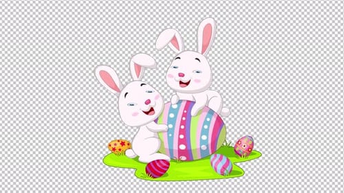 Süße zwei kleine Hasen mit Ostereiergrasanimation