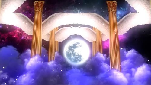 Celestial Golden Pillars and Angel Wings with Moon Background Loop