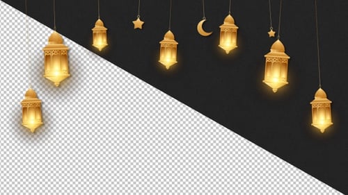Golden Islamic Lanterns and Moon with Stars Hanging Animation