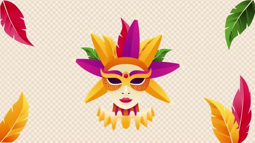 Vibrant Carnivale Jester Mask with Floating Feathers Animation
