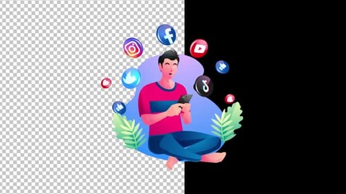 Animated Person Using Phone with Floating Social Media Icons