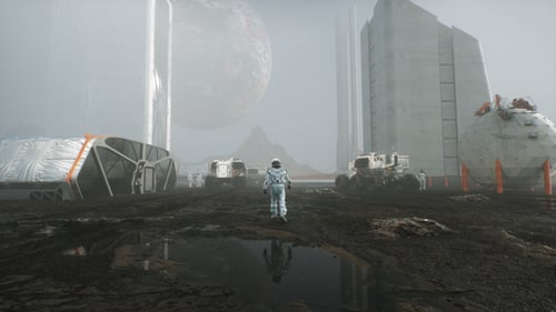 An Astronaut Walks On The Surface Of A Planet With A View Of Space Colonization