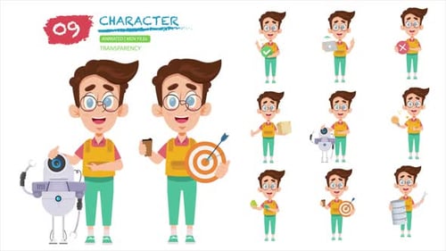 Animated Male Character Set with Robot and Tech Accessories