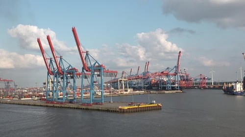 HAMBURG, GERMANY-JUNE, 2023: Gantry cranes in the seaport of Hamburg. Huge harbour cranes.