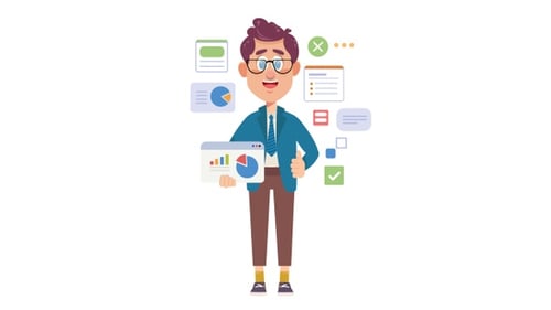 Animated Business Character with Data Analysis and Management Interface