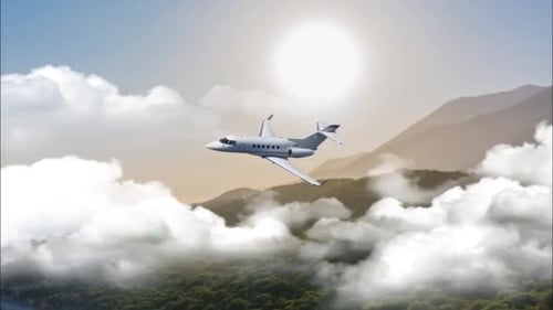 Private Jet Flying Through Clouds to Reveal Landscape