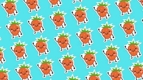 Cute Cartoon Waving Strawberries Seamless Pattern Background