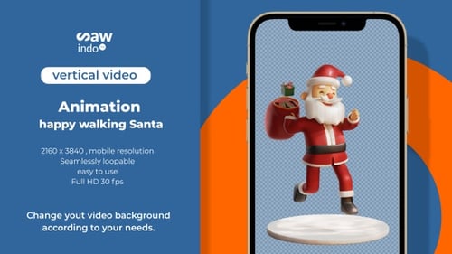 3D Animation happy walking Santa 4 K Loop Funny Christmas Gift Bag With Transparent Vertical