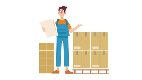 Animated Warehouse Worker Stacking Cardboard Boxes Flat Design