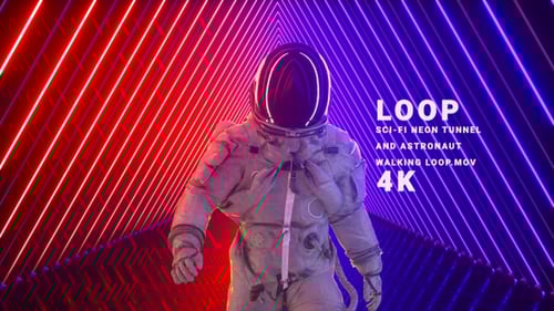 Sci Fi Neon Tunnel And Astronaut Walking Loop