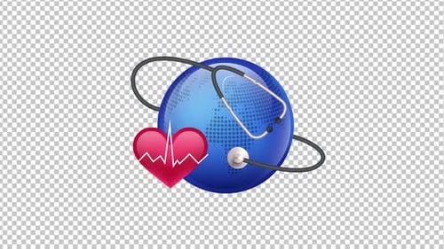 Global Health Care Stethoscope and Pulsating Heart Icon Animation