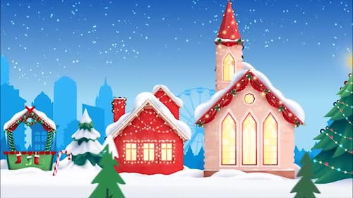 Animated Winter Christmas Town Scene with Falling Snow