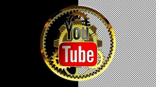 Rotating YouTube Logo with Gold Clock Mechanism Behind Glass, Alpha Channel, Exclusive, 3D Render