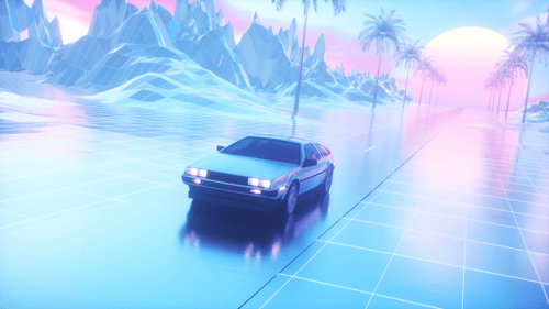 Riding Car And Landscape At Sunset Colorful Synth Wave Loop