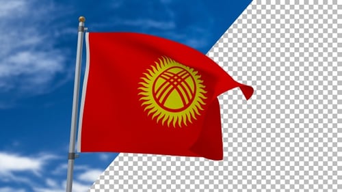 Waving Kyrgyzstan Flag with Blue Sky and Alpha Channel Versions