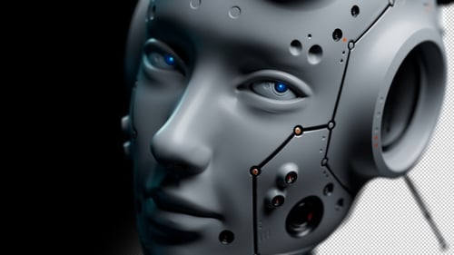 Nahaufnahme eines Roboters, der den Betrachter ansieht. Das Video hat einen Alpha-Kanal