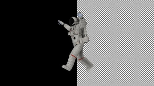 Happy astronaut runs in space from right to left. Alpha Channel