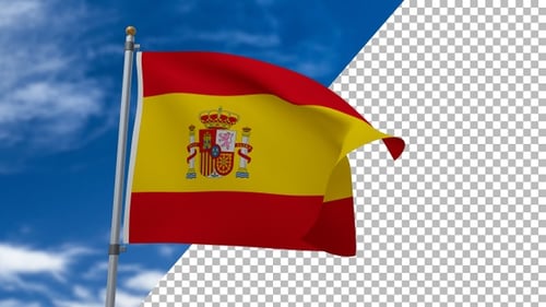 Waving Flag of Spain on Blue Sky Background