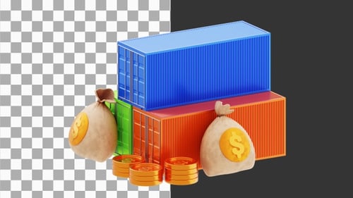 3D Animation of Stack of shipping containers with money | Alpha Channel