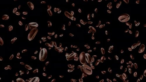 Roasted coffee beans fly and spin on a black background in slow motion Loop Background ANimation.