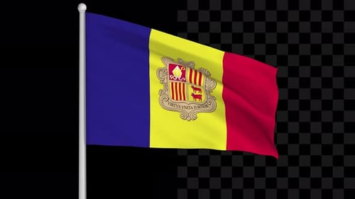 Realistic Andorra Flag Waving on Pole with Transparent Background