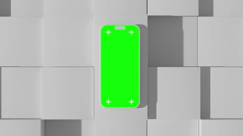 Minimales Smartphone-Modell mit Draufsicht und grünem Bildschirm auf abstrakten Blöcken
