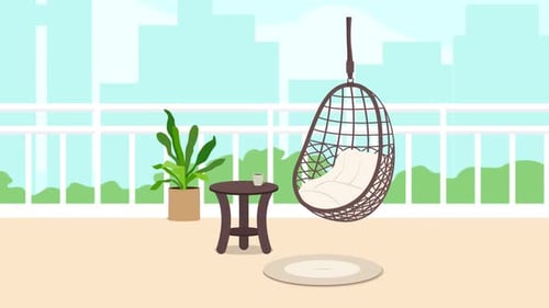 Animated Balcony Scene with Hanging Chair City View Flat Design