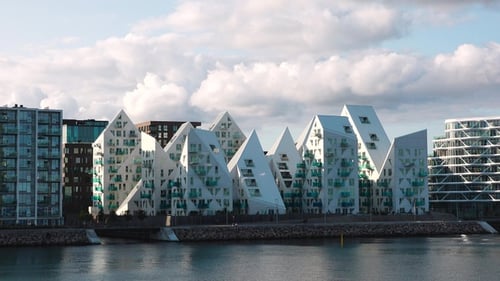 Modern residential area in Denmark. Apartment buildings in Aarhus harbor during a beautiful day.