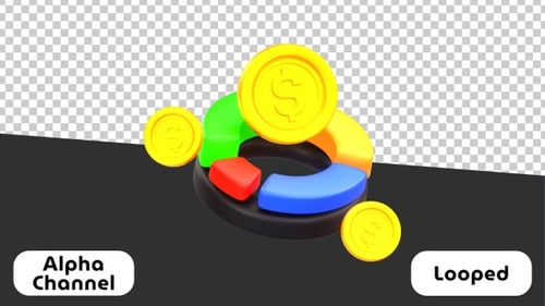 3D Donut Chart Statistics with Floating Dollar Coins | Alpha Channel