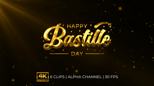 Happy Bastille Day Golden Metallic Text Reveal Animation